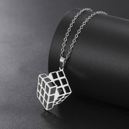Stainless Steel Hollow Cube Pendant Necklace (Silver)