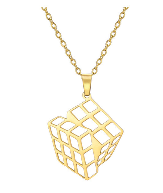 Stainless Steel Hollow Cube Pendant Necklace (18K Gold Plated)