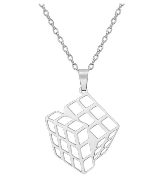Stainless Steel Hollow Cube Pendant Necklace (Silver)