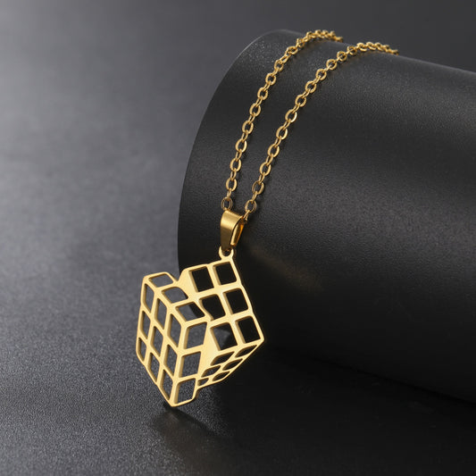 Stainless Steel Hollow Cube Pendant Necklace (18K Gold Plated)