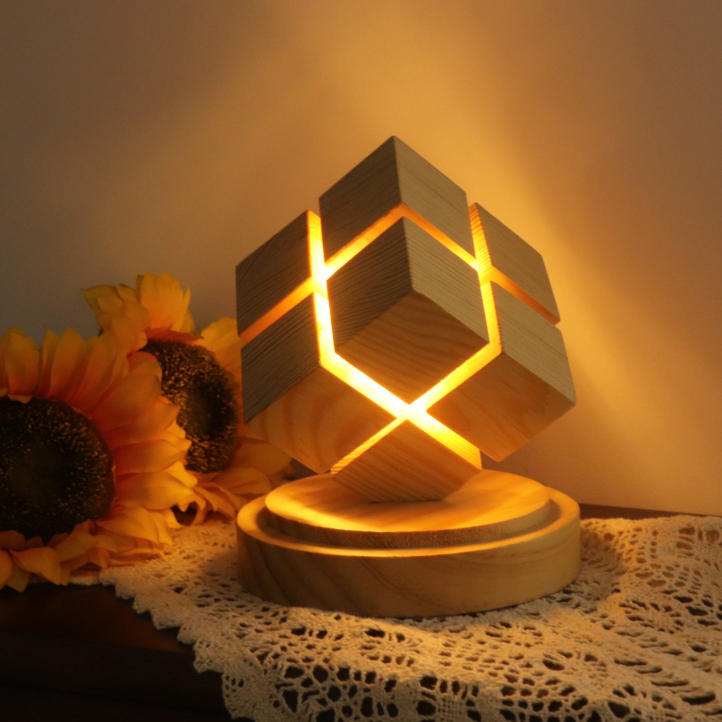 Wooden 2x2 Cube Lamp – Battery Powered LED Light